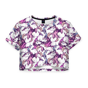 Женская футболка 3D укороченная с принтом unicorn в Екатеринбурге, 100% полиэстер | круглая горловина, длина футболки до линии талии, рукава с отворотами | horse | mlp | pony | unicorn | единорог | лошадь | пони
