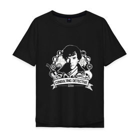Мужская футболка хлопок Oversize с принтом Sherlock Holmes в Екатеринбурге, 100% хлопок | свободный крой, круглый ворот, “спинка” длиннее передней части | 
