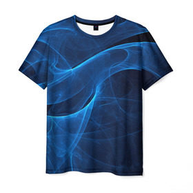 Мужская футболка 3D с принтом Дым в Екатеринбурге, 100% полиэфир | прямой крой, круглый вырез горловины, длина до линии бедер | Тематика изображения на принте: волна | лазер | луч | пламя | синий