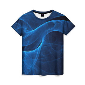 Женская футболка 3D с принтом Дым в Екатеринбурге, 100% полиэфир ( синтетическое хлопкоподобное полотно) | прямой крой, круглый вырез горловины, длина до линии бедер | Тематика изображения на принте: волна | лазер | луч | пламя | синий