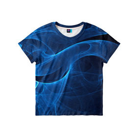 Детская футболка 3D с принтом Дым в Екатеринбурге, 100% гипоаллергенный полиэфир | прямой крой, круглый вырез горловины, длина до линии бедер, чуть спущенное плечо, ткань немного тянется | Тематика изображения на принте: волна | лазер | луч | пламя | синий