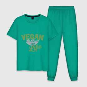 Мужская пижама хлопок с принтом Vegan for Life в Екатеринбурге, 100% хлопок | брюки и футболка прямого кроя, без карманов, на брюках мягкая резинка на поясе и по низу штанин
 | green | vegan | yoga | веган | вегетарианец | вегетарианство | витамины | здоровье | зеленый | зож | йога | овощи | фрукты