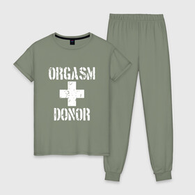 Женская пижама хлопок с принтом Orgasm + donor в Екатеринбурге, 100% хлопок | брюки и футболка прямого кроя, без карманов, на брюках мягкая резинка на поясе и по низу штанин | malchishnik | американский пирог | донор | жених | мальчишник | молодожены | свадьба | стифлер