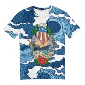 Мужская футболка 3D с принтом U.S.Navy в Екатеринбурге, 100% полиэфир | прямой крой, круглый вырез горловины, длина до линии бедер | 3d | blue | брызги | вмф | вода | военный | волны | исторический | капли | корабль | лето | море | моряк | океан | природа | фрегат | шторм
