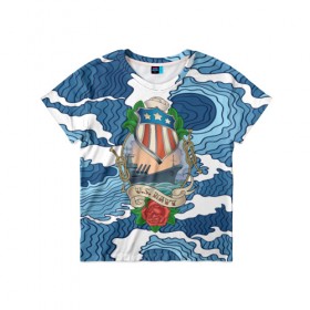 Детская футболка 3D с принтом U.S.Navy в Екатеринбурге, 100% гипоаллергенный полиэфир | прямой крой, круглый вырез горловины, длина до линии бедер, чуть спущенное плечо, ткань немного тянется | Тематика изображения на принте: 3d | blue | брызги | вмф | вода | военный | волны | исторический | капли | корабль | лето | море | моряк | океан | природа | фрегат | шторм