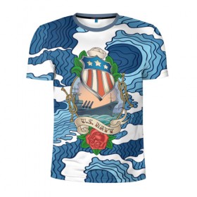 Мужская футболка 3D спортивная с принтом U.S.Navy в Екатеринбурге, 100% полиэстер с улучшенными характеристиками | приталенный силуэт, круглая горловина, широкие плечи, сужается к линии бедра | 3d | blue | брызги | вмф | вода | военный | волны | исторический | капли | корабль | лето | море | моряк | океан | природа | фрегат | шторм