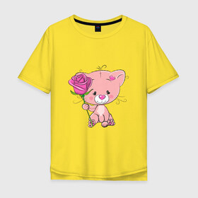 Мужская футболка хлопок Oversize с принтом Котенок в Екатеринбурге, 100% хлопок | свободный крой, круглый ворот, “спинка” длиннее передней части | kitty | арт | животные | коты | кошки | сердечки | цветы