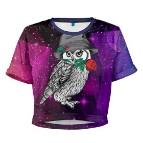 Женская футболка 3D укороченная с принтом Сова в Екатеринбурге, 100% полиэстер | круглая горловина, длина футболки до линии талии, рукава с отворотами | 3d | абстракция | арт | звезды | космос | полигоны | птица | сова | цветы
