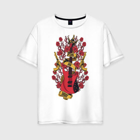 Женская футболка хлопок Oversize с принтом GunsnRoses в Екатеринбурге, 100% хлопок | свободный крой, круглый ворот, спущенный рукав, длина до линии бедер
 | guitar | gun | guns | music | rock | rose | roses | гитара | музыка | пистолет | розы | рок