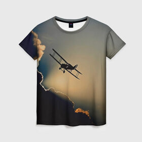 Женская футболка 3D с принтом Покоритель небес в Екатеринбурге, 100% полиэфир ( синтетическое хлопкоподобное полотно) | прямой крой, круглый вырез горловины, длина до линии бедер | закат | кукурузник | небо | облака | самолёт | силуэт