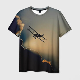 Мужская футболка 3D с принтом Покоритель небес в Екатеринбурге, 100% полиэфир | прямой крой, круглый вырез горловины, длина до линии бедер | закат | кукурузник | небо | облака | самолёт | силуэт