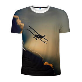 Мужская футболка 3D спортивная с принтом Покоритель небес в Екатеринбурге, 100% полиэстер с улучшенными характеристиками | приталенный силуэт, круглая горловина, широкие плечи, сужается к линии бедра | закат | кукурузник | небо | облака | самолёт | силуэт
