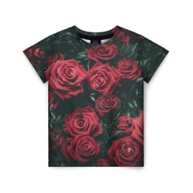 Детская футболка 3D с принтом Бархатные розы в Екатеринбурге, 100% гипоаллергенный полиэфир | прямой крой, круглый вырез горловины, длина до линии бедер, чуть спущенное плечо, ткань немного тянется | Тематика изображения на принте: бархат | бутоны | роза | розы | цветы