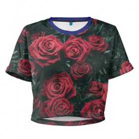 Женская футболка 3D укороченная с принтом Бархатные розы в Екатеринбурге, 100% полиэстер | круглая горловина, длина футболки до линии талии, рукава с отворотами | бархат | бутоны | роза | розы | цветы