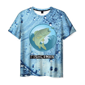 Мужская футболка 3D с принтом FisherMan в Екатеринбурге, 100% полиэфир | прямой крой, круглый вырез горловины, длина до линии бедер | baitbest | bottom | driftwood | fisherman | fishing | fishwaterhook | pike | river | вода | дно | коряга | крючок | лучший рыбак | наживка | река | рыба | рыбалка | щука