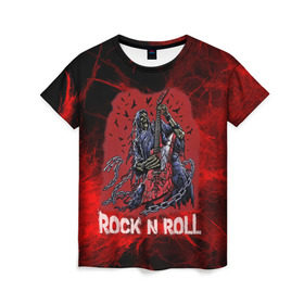 Женская футболка 3D с принтом Мертвый гитарист в Екатеринбурге, 100% полиэфир ( синтетическое хлопкоподобное полотно) | прямой крой, круглый вырез горловины, длина до линии бедер | rock | ворон | гитара | гитарист | жанр | космос | красный | мертвец | металл | музыка | надпись | панк | песня | птицы | рок | рок н рол | скелет | стиль | хард | хой | цепи | череп | я люблю рок