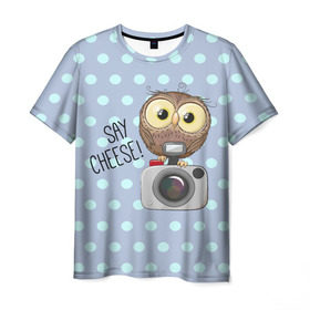 Мужская футболка 3D с принтом Say CHEESE! в Екатеринбурге, 100% полиэфир | прямой крой, круглый вырез горловины, длина до линии бедер | 3d | арт | горошек | животное | кружочек | надпись | птицы | сова | текстура