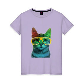 Женская футболка хлопок с принтом Кот в очках в Екатеринбурге, 100% хлопок | прямой крой, круглый вырез горловины, длина до линии бедер, слегка спущенное плечо | cat | kitty | space | животные | космос | кот | котенок | кошка | очки | радуга | цвет