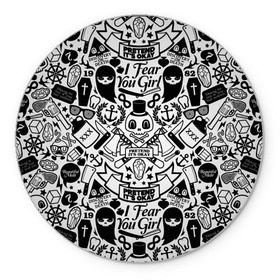 Коврик круглый с принтом Tokyo Tattoo Sticker Bomb в Екатеринбурге, резина и полиэстер | круглая форма, изображение наносится на всю лицевую часть | Тематика изображения на принте: casual | design | pattern | ray ban | skull | street | texture | urban | дизайн | индеец | мода | очки | повтор | принт | стикербомб | стикеры | тату | текстура | узор | улица | хулиган | череп | шляпа