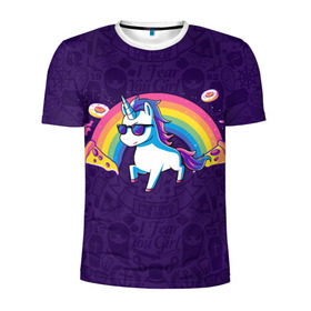 Мужская футболка 3D спортивная с принтом Радужный Единорог в Очках в Екатеринбурге, 100% полиэстер с улучшенными характеристиками | приталенный силуэт, круглая горловина, широкие плечи, сужается к линии бедра | Тематика изображения на принте: colors | pizza | pony | rainbow | unicorn | бекон | единорог | конь | очки | пицца | пони | пончик | радуга | рог | солнцезащитные очки
