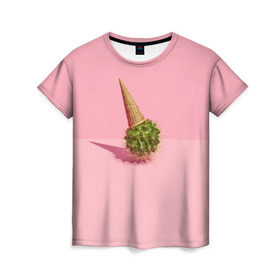 Женская футболка 3D с принтом Ванильный Кактус в Екатеринбурге, 100% полиэфир ( синтетическое хлопкоподобное полотно) | прямой крой, круглый вырез горловины, длина до линии бедер | вафля | вкусняшка | еда | жара | иголки | кактусы | картина | лед | лето | мимими | мороженка | мороженое | необычный | пломбир | растение | рожок | розовый | сладкое | сюрреализм | тень | эскимо