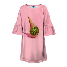 Детское платье 3D с принтом Ванильный Кактус в Екатеринбурге, 100% полиэстер | прямой силуэт, чуть расширенный к низу. Круглая горловина, на рукавах — воланы | вафля | вкусняшка | еда | жара | иголки | кактусы | картина | лед | лето | мимими | мороженка | мороженое | необычный | пломбир | растение | рожок | розовый | сладкое | сюрреализм | тень | эскимо