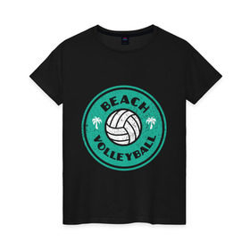 Женская футболка хлопок с принтом Пляжный волейбол в Екатеринбурге, 100% хлопок | прямой крой, круглый вырез горловины, длина до линии бедер, слегка спущенное плечо | sport | volleyball | волейбол | игрок | лето | море | мяч | пальма | пляж | победа | спорт