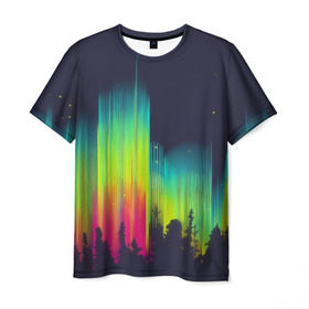 Мужская футболка 3D с принтом Северное сияние в Екатеринбурге, 100% полиэфир | прямой крой, круглый вырез горловины, длина до линии бедер | бор | деревья | звездное | звезды | зеленый | кислота | кислотный | красный | лес | лучи | небо | ночь | природа | радужный | свет | север | тайга