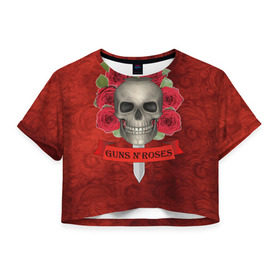 Женская футболка 3D укороченная с принтом Gans N Roses в Екатеринбурге, 100% полиэстер | круглая горловина, длина футболки до линии талии, рукава с отворотами | Тематика изображения на принте: gans n roses | группа | исполнители | меч | музыка | песни | розы | рок группа | череп