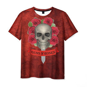 Мужская футболка 3D с принтом Gans N Roses в Екатеринбурге, 100% полиэфир | прямой крой, круглый вырез горловины, длина до линии бедер | Тематика изображения на принте: gans n roses | группа | исполнители | меч | музыка | песни | розы | рок группа | череп