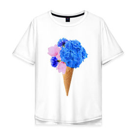 Мужская футболка хлопок Oversize с принтом Мороженое букет в Екатеринбурге, 100% хлопок | свободный крой, круглый ворот, “спинка” длиннее передней части | Тематика изображения на принте: flowers | василек | вафля | гортензия | магнолия | рожок | розовый | синий | цветы