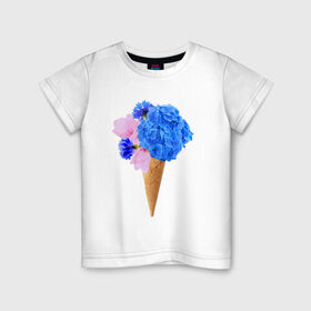 Детская футболка хлопок с принтом Мороженое букет в Екатеринбурге, 100% хлопок | круглый вырез горловины, полуприлегающий силуэт, длина до линии бедер | flowers | василек | вафля | гортензия | магнолия | рожок | розовый | синий | цветы