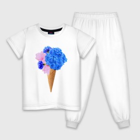 Детская пижама хлопок с принтом Мороженое букет в Екатеринбурге, 100% хлопок |  брюки и футболка прямого кроя, без карманов, на брюках мягкая резинка на поясе и по низу штанин
 | flowers | василек | вафля | гортензия | магнолия | рожок | розовый | синий | цветы