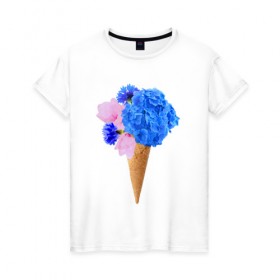 Женская футболка хлопок с принтом Мороженое букет в Екатеринбурге, 100% хлопок | прямой крой, круглый вырез горловины, длина до линии бедер, слегка спущенное плечо | Тематика изображения на принте: flowers | василек | вафля | гортензия | магнолия | рожок | розовый | синий | цветы