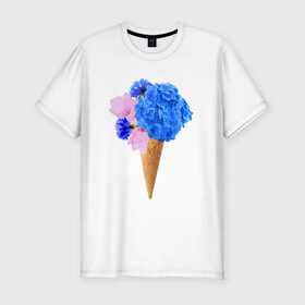Мужская футболка премиум с принтом Мороженое букет в Екатеринбурге, 92% хлопок, 8% лайкра | приталенный силуэт, круглый вырез ворота, длина до линии бедра, короткий рукав | Тематика изображения на принте: flowers | василек | вафля | гортензия | магнолия | рожок | розовый | синий | цветы