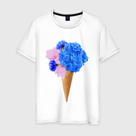 Мужская футболка хлопок с принтом Мороженое букет в Екатеринбурге, 100% хлопок | прямой крой, круглый вырез горловины, длина до линии бедер, слегка спущенное плечо. | flowers | василек | вафля | гортензия | магнолия | рожок | розовый | синий | цветы