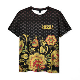 Мужская футболка 3D с принтом Россия в Екатеринбурге, 100% полиэфир | прямой крой, круглый вырез горловины, длина до линии бедер | роспись | россия | хохлома | цветы | я русский