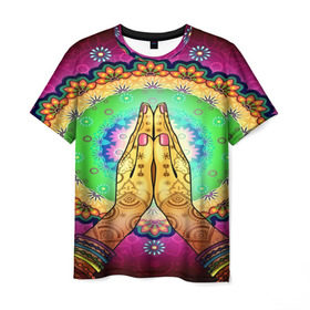 Мужская футболка 3D с принтом Meditation в Екатеринбурге, 100% полиэфир | прямой крой, круглый вырез горловины, длина до линии бедер | 3d | indian | mandala | арт | йога | медитация | руки | узор | цветы