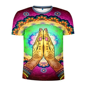 Мужская футболка 3D спортивная с принтом Meditation в Екатеринбурге, 100% полиэстер с улучшенными характеристиками | приталенный силуэт, круглая горловина, широкие плечи, сужается к линии бедра | 3d | indian | mandala | арт | йога | медитация | руки | узор | цветы
