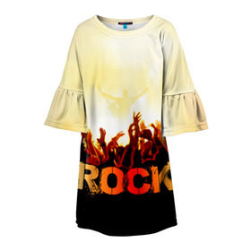 Детское платье 3D с принтом Rock концерт в Екатеринбурге, 100% полиэстер | прямой силуэт, чуть расширенный к низу. Круглая горловина, на рукавах — воланы | Тематика изображения на принте: rock | в толпу | гитара | группа | дым | жанр | концерт | металл | музыка | надпись | панк | певец | песня | прыжок | рок | рок н рол | руки | стиль | хард | хой | я люблю рок