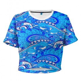 Женская футболка 3D укороченная с принтом Floral pattern в Екатеринбурге, 100% полиэстер | круглая горловина, длина футболки до линии талии, рукава с отворотами | 3d | абстракция | арт | волны | синий | узор | цветы