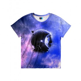 Детская футболка 3D с принтом Вселенная бесконечна в Екатеринбурге, 100% гипоаллергенный полиэфир | прямой крой, круглый вырез горловины, длина до линии бедер, чуть спущенное плечо, ткань немного тянется | Тематика изображения на принте: звезды | планета | разноцветный | шлем | яркий