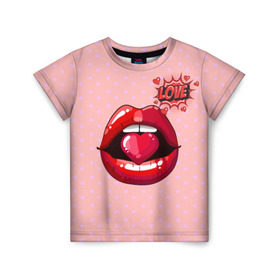 Детская футболка 3D с принтом Lips в Екатеринбурге, 100% гипоаллергенный полиэфир | прямой крой, круглый вырез горловины, длина до линии бедер, чуть спущенное плечо, ткань немного тянется | 3d | love | pop art | арт | губы | девушкам | любовь | поп арт | поцелуй | розовый | сердечки
