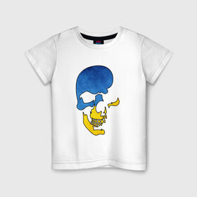 Детская футболка хлопок с принтом Сине-желтый череп в Екатеринбурге, 100% хлопок | круглый вырез горловины, полуприлегающий силуэт, длина до линии бедер | желтый | злой | зубы | кости | символ | синий | скелет | улыбка | череп