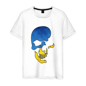 Мужская футболка хлопок с принтом Сине-желтый череп в Екатеринбурге, 100% хлопок | прямой крой, круглый вырез горловины, длина до линии бедер, слегка спущенное плечо. | желтый | злой | зубы | кости | символ | синий | скелет | улыбка | череп