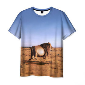 Мужская футболка 3D с принтом Толстый лев в Екатеринбурге, 100% полиэфир | прямой крой, круглый вырез горловины, длина до линии бедер | Тематика изображения на принте: африка | грива | животное | жирный | зверь | король | лев | львица | обжора | ожиревший | оскал | песок | прайд | прикол | природа | рёв | рык | рычание | сафари | сильный | хищник | царь | царь зверей