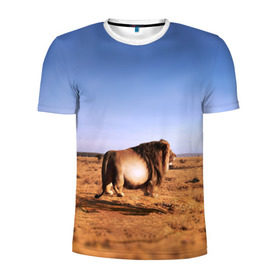 Мужская футболка 3D спортивная с принтом Толстый лев в Екатеринбурге, 100% полиэстер с улучшенными характеристиками | приталенный силуэт, круглая горловина, широкие плечи, сужается к линии бедра | африка | грива | животное | жирный | зверь | король | лев | львица | обжора | ожиревший | оскал | песок | прайд | прикол | природа | рёв | рык | рычание | сафари | сильный | хищник | царь | царь зверей