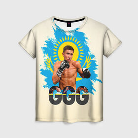 Женская футболка 3D с принтом Геннадий Головкин в Екатеринбурге, 100% полиэфир ( синтетическое хлопкоподобное полотно) | прямой крой, круглый вырез горловины, длина до линии бедер | fighting | ggg | боец | боксер | борьба | драки