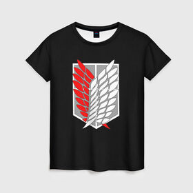 Женская футболка 3D с принтом Атака Титанов (эмблема) #9 в Екатеринбурге, 100% полиэфир ( синтетическое хлопкоподобное полотно) | прямой крой, круглый вырез горловины, длина до линии бедер | attack on titan | shingeki no kyojin | белый | красный | чёрный | эмблема разведчиков