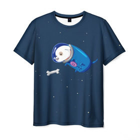 Мужская футболка 3D с принтом Собачка в космосе в Екатеринбурге, 100% полиэфир | прямой крой, круглый вырез горловины, длина до линии бедер | Тематика изображения на принте: звёзды | космонавт | космос | косточка | скафандр | собачка